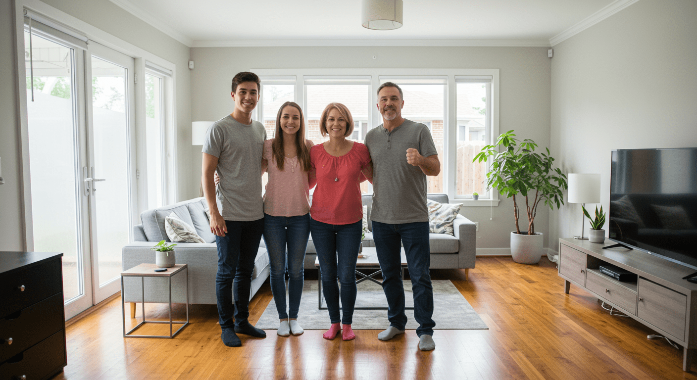 A joyful family standing in their restored living room, smiling and expressing relief and satisfaction after the water damage cleanup process.