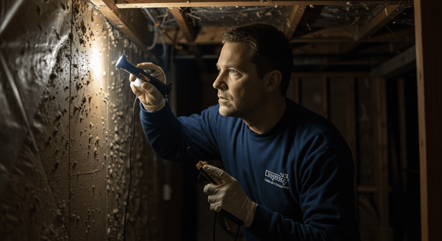A professional mold inspector examining a basement with a flashlight and mold detection tools, highlighting the inspection process.
