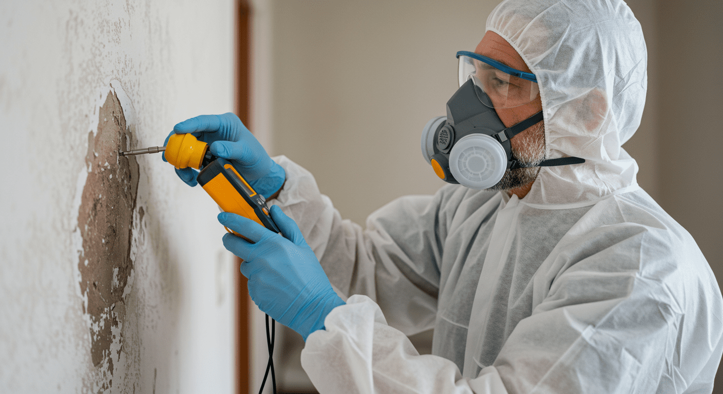 A certified mold inspector wearing protective gear examining a wall with a moisture meter, highlighting the inspection process.
