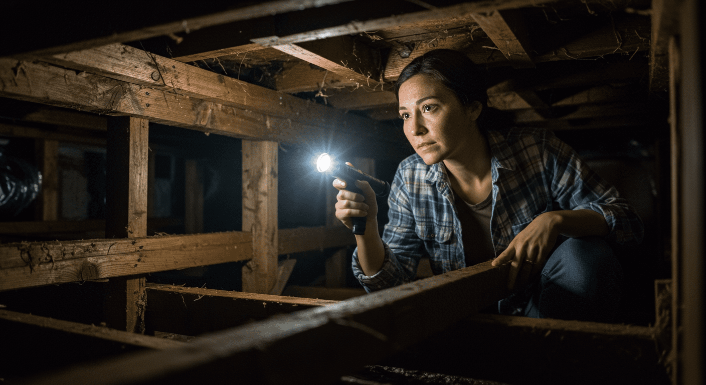 A homeowner inspecting their crawl space with a flashlight, looking concerned about potential mold issues, showcasing the importance of regular inspections.