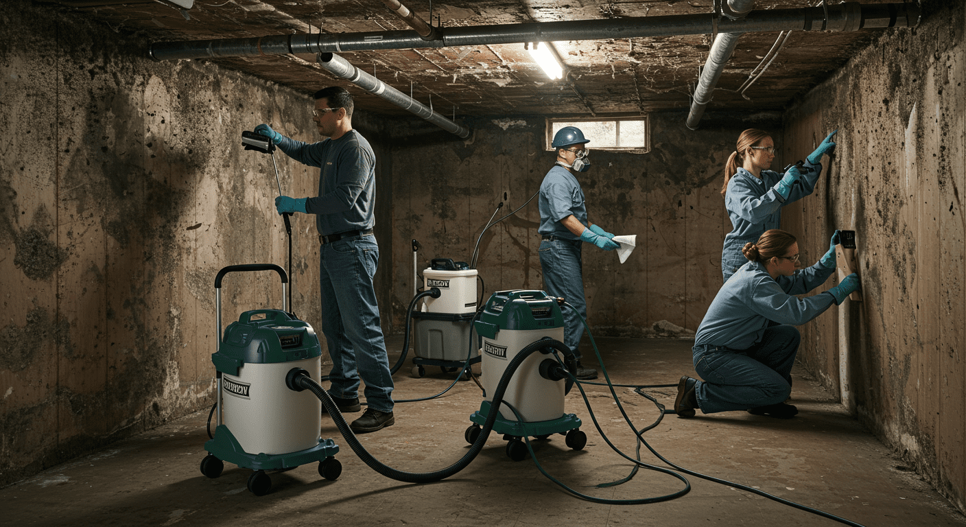 A professional mold remediation team working together in a basement, using specialized equipment to remove mold and treat surfaces.