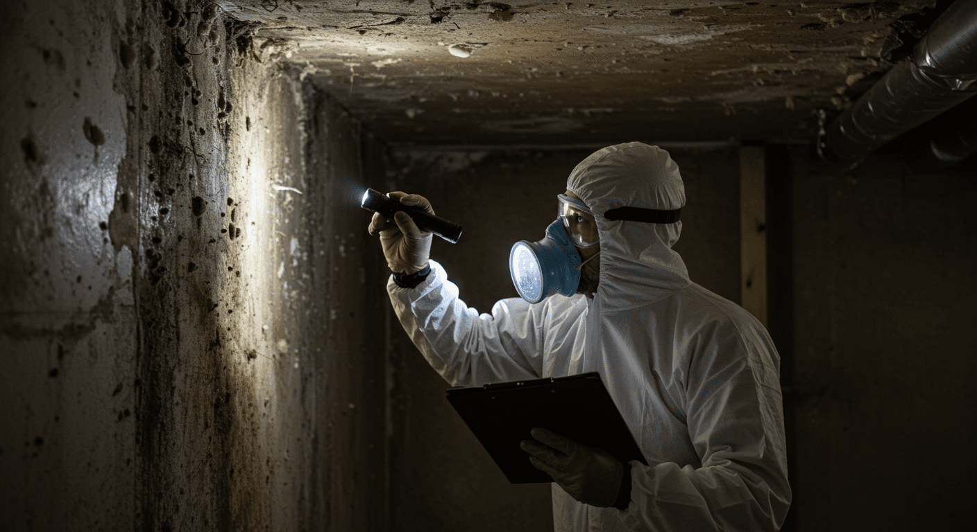 A professional mold inspector examining a residential basement with a flashlight, highlighting areas of mold growth on the walls. The inspector is wearing protective gear, emphasizing safety.