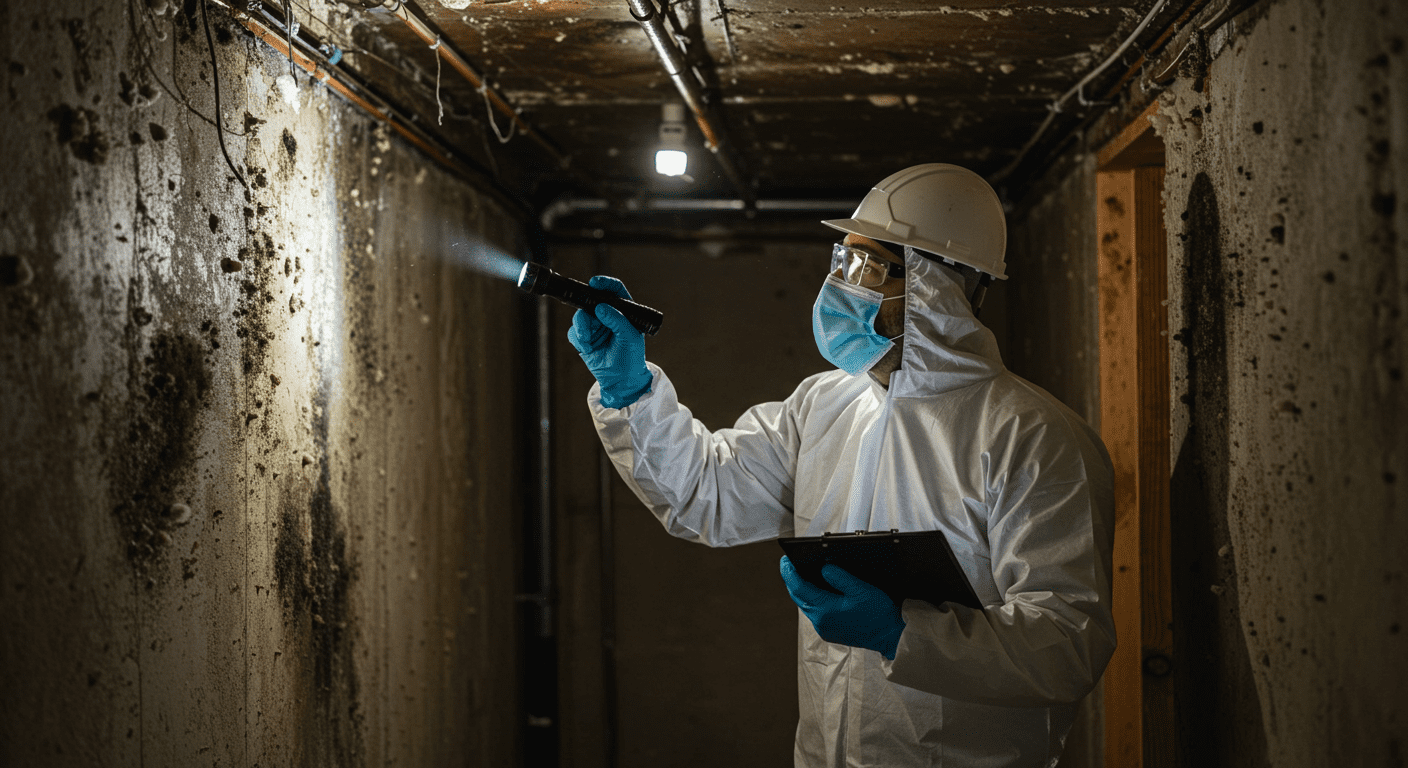 A professional mold inspector in protective gear examining a basement wall with a flashlight, highlighting areas of mold growth.