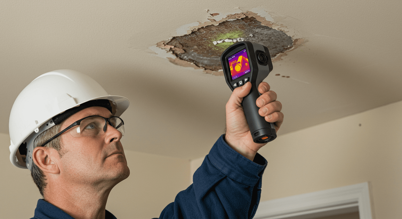 An inspector using a thermal imaging camera to detect hidden mold in a ceiling, illustrating advanced inspection techniques.