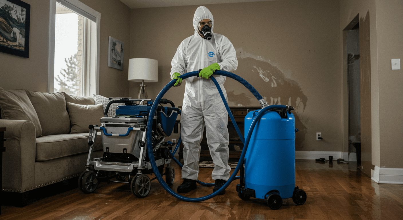 A professional technician in safety gear using advanced equipment to extract water from a flooded living room. The focus is on the technician actively working, showcasing the restoration process.